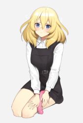 Rule 34 | bc freedom school uniform, black dress, blonde hair, blue eyes, blush, closed mouth, commentary, cropped legs, dildo, dress, dress shirt, frown, girls und panzer, grey background, holding, holding sex toy, invisible chair, long sleeves, looking at viewer, medium hair, messy hair, oshida (girls und panzer), pinafore dress, pleated dress, school uniform, sex toy, shirt, short dress, simple background, sitting, sleeveless dress, summer uniform, sweatdrop, tan (inka), white shirt, wing collar