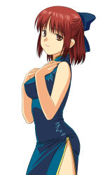 Rule 34 | 00s, 1girl, a1 (initial-g), absurdres, bow, china dress, chinese clothes, dress, hair bow, hands on own chest, highres, impossible clothes, impossible dress, kohaku (tsukihime), lipstick, looking at viewer, makeup, mr. chin, red hair, short hair, side slit, simple background, solo, standing, tsukihime