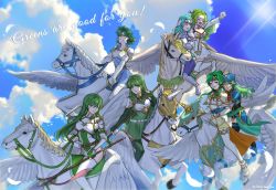 Rule 34 | 6+girls, ^ ^, absurdres, aqua hair, armor, blue dress, blue sky, breastplate, breasts, cleavage, clenched hand, closed eyes, cloud, commentary, commission, day, dress, elbow gloves, elincia ridell crimea, english text, erinys (fire emblem), feathers, female focus, fingerless gloves, fire emblem, fire emblem: genealogy of the holy war, fire emblem: path of radiance, fire emblem: shadow dragon and the blade of light, fire emblem: the sacred stones, fire emblem: thracia 776, gloves, green dress, green eyes, green hair, grin, helmet, highres, holding, holding polearm, holding sword, holding weapon, l&#039;arachel (fire emblem), large breasts, long hair, looking at viewer, matching hair/eyes, misha (fire emblem), multiple girls, nephenee (fire emblem), nintendo, palla (fire emblem), pauldrons, pegasus, pixiv commission, polearm, riding, short dress, short hair, shoulder armor, sigrun (fire emblem), silvercandy gum, sky, smile, spear, sword, thighhighs, thighs, trait connection, very long hair, weapon, white armor, white dress, white gloves, white thighhighs