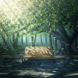 Rule 34 | bench, commentary request, dappled sunlight, day, forest, grass, highres, leaf, light particles, nature, no humans, original, outdoors, scenery, someya mai, sunlight, tree, tree shade