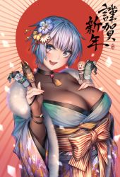 Rule 34 | 1girl, :d, blue flower, blue hair, blue kimono, blush, bow, bracelet, breasts, cleavage, colored eyelashes, finger puppet, fingernails, flower, glint, hair flower, hair ornament, hand on own chest, happy new year, highres, japanese clothes, jewelry, kimono, kimono pull, large breasts, long fingernails, looking at viewer, naidong, naidong (artist), nail polish, new year, obi, open mouth, original, pink nails, puppet, purple eyes, rising sun flag, sash, see-through, shawl, short hair, smile, solo, striped, striped bow, sunburst, tassel, teeth, upper body, upper teeth only, white flower, yellow flower