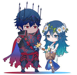 Rule 34 | 1boy, 1girl, ameno (a meno0), armor, basket, blue eyes, blue hair, cape, chibi, chrom (fire emblem), corruption, crown, crying, crying with eyes open, father and daughter, fire emblem, fire emblem awakening, fire emblem heroes, flower, hair between eyes, head wreath, long hair, lucina (fire emblem), lucina (valentine) (fire emblem), nintendo, official alternate costume, red eyes, short hair, symbol-shaped pupils, tears, tiara, torn clothes