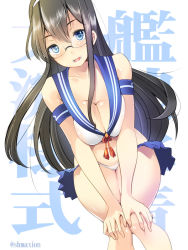 Rule 34 | 10s, 1girl, adapted costume, bare shoulders, black hair, blue eyes, breast press, breasts squeezed together, breasts, cleavage, crop top, female focus, glasses, hair between eyes, hairband, kadokawa shoten, kantai collection, large breasts, long hair, looking at viewer, maki (seventh heaven maxion), midriff, miniskirt, ooyodo (kancolle), pleated skirt, school uniform, serafuku, skirt, solo
