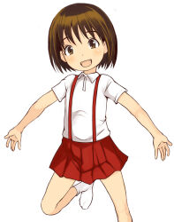 Rule 34 | 1girl, black eyes, black hair, blush, dokkoida, e10, female focus, looking at viewer, open mouth, outstretched arms, pleated skirt, red skirt, sakurazaki kosuzu, shirt, simple background, skirt, socks, solo, spread arms, standing, standing on one leg, suspender skirt, suspenders, tareme, white background, white shirt