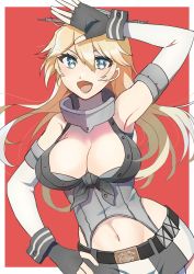 Rule 34 | 1girl, absurdres, blonde hair, blue eyes, border, breasts, cowboy shot, fingerless gloves, front-tie top, garter straps, gloves, hand on own hip, headgear, highres, iowa (kancolle), kantai collection, large breasts, looking at viewer, miniskirt, red background, skirt, smile, solo, star-shaped pupils, star (symbol), striped legwear, symbol-shaped pupils, toriniku senshi chikinman, two-tone background, vertical-striped legwear, white border