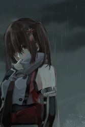 Rule 34 | 1girl, bare shoulders, bracer, brown eyes, brown hair, cloud, cloudy sky, detached sleeves, grey scarf, hair between eyes, hair ornament, hair over one eye, kantai collection, looking at viewer, night, obi, one eye covered, rain, rinto (rint rnt), sash, scarf, scarf over mouth, school uniform, sendai (kancolle), sendai kai ni (kancolle), serafuku, sky, sleeveless, solo, twintails, upper body, vest, wet, wet hair