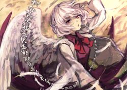 Rule 34 | 1girl, albino, arm up, berabou, bow, bowtie, braid, dress, feathers, jacket, kishin sagume, long sleeves, looking at viewer, open mouth, purple dress, red eyes, single wing, solo, text focus, touhou, translation request, upper body, white hair, wings