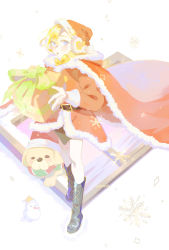 Rule 34 | 1girl, blonde hair, boots, bubba (watson amelia), cape, christmas, dog, ellie niunai zhuyi zhe, fur-trimmed cape, fur trim, gift, hat, highres, holding, holding gift, hololive, hololive english, open mouth, santa costume, santa hat, snowflakes, snowman, virtual youtuber, watson amelia