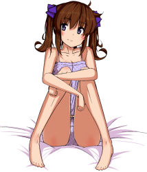 Rule 34 | 1girl, bare legs, bow, bow panties, breasts, brown hair, camisole, cleavage, clenched hands, hair ribbon, himekaidou hatate, himeshita johnny mafuyu, knees to chest, mid win h, navel, pajamas, panties, polka dot, polka dot panties, purple eyes, purple panties, ribbon, sidelocks, simple background, sitting, small breasts, smile, solo, touhou, twintails, underwear, white background