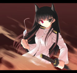 Rule 34 | 1girl, alternate hairstyle, animal ears, black eyes, black hair, dog ears, eyepatch, unworn eyepatch, hair down, heterochromia, holding, holding sword, holding weapon, iwa (alpaca oukoku), jacket, katana, letterboxed, long hair, long sleeves, military, military uniform, red eyes, sakamoto mio, solo, strike witches, swimsuit, swimsuit under clothes, sword, uniform, weapon, world witches series