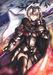 Rule 34 | 1girl, absurdres, ahoge, armor, armored dress, black dress, black thighhighs, blood, breasts, cape, chain, clenched teeth, crossed legs, dress, fate/grand order, fate (series), fire, flag, fur-trimmed cape, fur collar, fur trim, gauntlets, headpiece, highres, holding, holding flag, holding sword, holding weapon, injury, jeanne d&#039;arc (fate), jeanne d&#039;arc (ruler) (fate), jeanne d&#039;arc alter (avenger) (fate), jeanne d&#039;arc alter (fate), kuromu, large breasts, looking at viewer, short hair, sidelocks, silver hair, solo, standard bearer, sword, teeth, thighhighs, tsurime, weapon, wind, yellow eyes