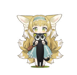 Rule 34 | 1girl, animal, animal ears, arknights, bag, black cat, blonde hair, blue hairband, blue skirt, blush, brown footwear, cat, chibi, colored shadow, commentary, fox ears, fox girl, fox tail, frilled hairband, frills, full body, grey jacket, hairband, highres, holding, holding animal, jacket, long hair, long sleeves, luo xiaohei zhanji, multicolored hair, shadow, shio (shiofeifei), shoes, shoulder bag, simple background, skirt, socks, solo, standing, suzuran (arknights), suzuran (spring praise) (arknights), symbol-only commentary, tail, two-tone hair, very long hair, white background, white hair, white socks