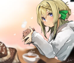 Rule 34 | 1girl, blonde hair, blush, braid, braided bangs, braided bun, chocolate, closed mouth, cup, green ribbon, hair between eyes, hair bun, hair ribbon, highres, holding, hood, hooded jacket, jacket, kantai collection, long sleeves, looking at viewer, perth (kancolle), purple eyes, ribbon, signature, simple background, solo, steam, sunday aki, upper body, white jacket