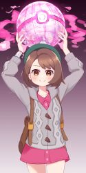 Rule 34 | 1girl, absurdres, arms up, backpack, bag, blush, bob cut, brown bag, brown eyes, brown hair, buttons, cable knit, cardigan, closed mouth, collared dress, creatures (company), dress, dynamax ball, game freak, gloria (pokemon), green hat, grey cardigan, hat, highres, holding, hooded cardigan, looking at viewer, nintendo, pink dress, pokemon, pokemon swsh, short hair, smile, solo, tam o&#039; shanter, terupu (eule312)