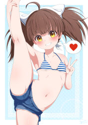 1girl absurdres ahoge armpits bare_arms bare_legs bare_shoulders bemani bikini blue_bikini blush border brown_hair commentary_request cowboy_shot denim denim_shorts grin heart highres holding_own_leg kneepits lida_vv looking_at_viewer medium_hair navel short_shorts shorts smile sound_voltex speech_bubble split spoken_heart standing standing_on_one_leg standing_split stomach striped_bikini striped_clothes swimsuit twintails v v-shaped_eyebrows white_bikini white_border yamashina_kanade yellow_eyes