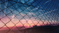 Rule 34 | absurdres, banishment, blue sky, building, chain-link fence, cloud, commentary request, contrail, fence, highres, hill, no humans, original, outdoors, power lines, scenery, sky, sunset, town, transmission tower, utility pole, wallpaper