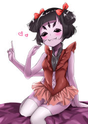 Rule 34 | 1girl, arthropod girl, black hair, bow, bug, colored skin, dress, extra arms, extra eyes, fangs, highres, insect girl, monster girl, muffet, purple skin, red bow, red dress, short dress, short hair, solo, spider, spider girl, thighhighs, undertale
