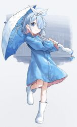 Rule 34 | 1girl, alternate costume, arona (blue archive), blue archive, blue coat, blue eyes, blue hair, blue raincoat, blush, boots, bow, bow hairband, braid, closed mouth, coat, commentary, english commentary, full body, hair over one eye, hairband, highres, holding, holding umbrella, long sleeves, looking at viewer, multicolored hair, neno (neno n3nq), pink hair, rain, raincoat, rubber boots, short hair, simple background, smile, solo, two-tone hair, umbrella, white bow, white footwear, white umbrella