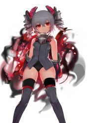 Rule 34 | 1girl, bad id, bad pixiv id, bare shoulders, black gloves, black leotard, blood, blood on face, blurry, blurry background, bronya zaychik, bronya zaychik (black nucleus), closed mouth, commentary request, depth of field, dokomon, drill hair, elbow gloves, gloves, grey hair, grey thighhighs, hair between eyes, head tilt, headgear, highres, honkai (series), honkai impact 3rd, korean commentary, leotard, looking at viewer, red eyes, ribbed legwear, solo, thighhighs, twin drills, white background