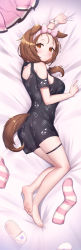 Rule 34 | 1girl, animal ears, arm up, backless dress, backless outfit, bare shoulders, barefoot, bed sheet, black dress, blush, bow, breasts, brown eyes, brown hair, closed mouth, clothing cutout, commentary, dakimakura (medium), dog ears, dog girl, dog tail, dress, full body, hairband, highres, hololive, inugami korone, inugami korone (loungewear), jacket, looking at viewer, looking to the side, lying, medium breasts, nail polish, on side, pink bow, pink hairband, pink jacket, pink nails, short sleeves, shoulder cutout, slippers, smile, socks, soles, solo, striped clothes, striped socks, symbol-only commentary, tail, uneg, unworn jacket, unworn slippers, unworn socks, virtual youtuber, white footwear