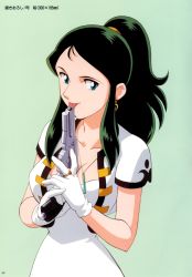 Rule 34 | 1girl, between breasts, black hair, blue eyes, breasts, china dress, chinese clothes, cleavage, dress, elbow gloves, giant robo, ginrei (giant robo), gloves, green hair, highres, long hair, official art, scan, solo