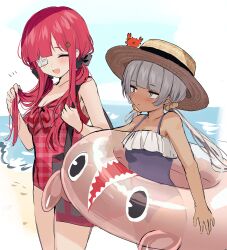 Rule 34 | bare arms, bare shoulders, black ribbon, bongy (project moon), charon (project moon), closed eyes, dark skin, eyepatch, grey hair, highres, innertube, limbus company, long hair, medical eyepatch, migishita, one-piece swimsuit, project moon, ribbon, swim ring, swimsuit, thighs, twintails, white background, yuri (project moon)