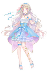 Rule 34 | 1girl, blonde hair, blush, breasts, civia, collarbone, commentary request, dress, fukahire (ruinon), full body, gloves, hair ornament, headband, highres, hololive, hololive china, long hair, looking at viewer, purple eyes, simple background, sleeveless, slippers, solo, standing, virtual youtuber, white background, white gloves