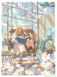 Rule 34 | 2girls, birdcage, blonde hair, book, book stack, boots, border, bouquet, braid, brown footwear, brown hair, cage, checkered floor, collared shirt, cup, day, dress, drinking glass, ema3, english text, flower, glass, gold trim, green eyes, hairband, hanging chair, highres, holding, holding book, indoors, jug (bottle), juice, lamp, lampshade, leaf, leg up, long hair, long sleeves, looking at object, multiple girls, on chair, open book, original, plant, puffy short sleeves, puffy sleeves, purple eyes, reading, red ribbon, ribbon, scenery, shadow, shirt, short sleeves, sitting, skylight, sleeve cuffs, socks, sunlight, table, twin braids, white border, white dress, white flower, white hairband, white socks, window, window blinds, yellow shirt, yellow socks
