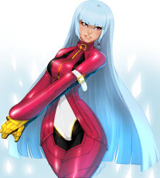 Rule 34 | 1girl, blue hair, blunt bangs, bodysuit, breasts, collar, cowboy shot, cropped jacket, gloves, highres, kula diamond, long hair, medium breasts, narrow waist, red eyes, solo, the king of fighters, tovio rogers, v arms, very long hair
