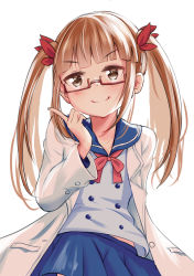 Rule 34 | 1girl, absurdres, blue sailor collar, blue skirt, blunt bangs, blush, brown eyes, closed mouth, commentary request, hair ornament, hand up, highres, idolmaster, idolmaster cinderella girls, ikebukuro akiha, jacket, long hair, long sleeves, looking at viewer, neckerchief, open clothes, open jacket, orange hair, pleated skirt, red-framed eyewear, red neckerchief, sailor collar, school uniform, serafuku, shirt, sidelocks, simple background, skirt, solo, twintails, v-shaped eyebrows, white background, white jacket, white shirt, yoru (user vewa8437)