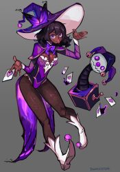 Rule 34 | 1girl, absurdres, artist name, bad link, black hair, blush, breasts, bumblesteak, card, commentary, dark-skinned female, dark skin, english commentary, english text, hat, highres, jack-in-the-box, looking at viewer, necromancer, nose, original, palms, purple eyes, tongue, tongue out, witch hat