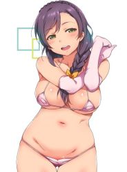 Rule 34 | 10s, 1girl, blush, bow, bra, braid, braided ponytail, breasts, collarbone, covered erect nipples, crown braid, duke (inu daimyou), elbow gloves, gloves, green eyes, hair bow, hair over shoulder, half-closed eyes, hand on own shoulder, hands up, large breasts, love live!, love live! school idol project, micro bra, navel, open mouth, own hands together, panties, pink bra, pink gloves, pink panties, sideways glance, simple background, single braid, solo, standing, stomach, teeth, thigh gap, tojo nozomi, underwear, underwear only, upper teeth only, white background, yellow bow