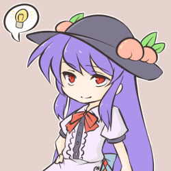 Rule 34 | 1girl, blue hair, bow, female focus, food, fruit, hand on own hip, hat, hinanawi tenshi, hip focus, light bulb, long hair, miyo (ranthath), peach, red eyes, simple background, smile, solo, touhou