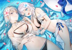 Rule 34 | 2girls, antenna hair, azur lane, bare shoulders, bikini, black bikini, blue eyes, blush, bracelet, braid, breasts, choker, cleavage, commentary request, day, detached collar, enterprise (azur lane), flower, front-tie top, hair flower, hair ornament, halterneck, jewelry, large breasts, long hair, looking at viewer, lying, mismatched bikini, multiple girls, navel, on back, on side, open mouth, outdoors, pale skin, partially submerged, petals, purple eyes, sarong, see-through, shirt, silver hair, simple background, smile, stomach, swimsuit, tokki, very long hair, vestal (azur lane), vestal (revigorating hestia) (azur lane), water, white bikini, white shirt