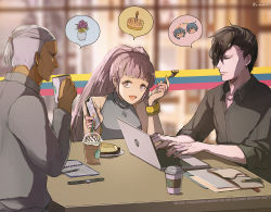Rule 34 | 1girl, 2boys, alternate costume, black hair, cake, candle, cellphone, closed mouth, computer, cup, dark skin, dark-skinned male, dedue molinaro, fire emblem, fire emblem: three houses, flower, food, fork, from side, grey hair, hair over one eye, highres, hilda valentine goneril, holding, holding cup, holding fork, holding phone, hubert von vestra, laptop, long hair, multiple boys, nintendo, open mouth, phone, pink eyes, pink hair, plate, ponytail, short hair, smartphone, table, twitter username, u arca u, watch, wristwatch