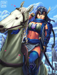 Rule 34 | 1girl, armor, banner, black hair, blue thighhighs, breasts, brown eyes, cleavage, cup, eyelashes, feather hair ornament, feathers, forehead protector, greaves, hair ornament, highres, horse, katana, large breasts, lips, midriff, navel, original, pauldrons, riding, ryu shou, sarong, scarf, sheath, sheathed, shoulder armor, solo, sword, thighhighs, vambraces, weapon