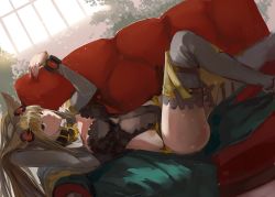 Rule 34 | 10s, 1girl, adjusting hair, animal ears, arm behind head, blonde hair, bracelet, breasts, brown hair, cleavage cutout, cloak, clothing cutout, couch, dutch angle, erune, fingernails, frills, from side, granblue fantasy, grey thighhighs, hair ornament, hand up, hip focus, indoors, jewelry, knee up, lace, large breasts, leotard, light smile, long fingernails, long hair, long sleeves, looking at viewer, lying, metera (granblue fantasy), nail polish, on back, red eyes, side cutout, sidelocks, smile, solo, thighhighs, thighlet, three k (spiritus no honoo), turtleneck, very long hair, window
