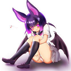 Rule 34 | 1girl, absurdres, animal ears, ass, bare arms, bat ears, bat girl, bat wings, closed mouth, common vampire bat (kemono friends), fang, fang out, full body, hakumaiya, head wings, highres, kemono friends, looking at viewer, medium hair, microskirt, musical note, panties, panty pull, partially visible vulva, pulled by self, purple eyes, purple hair, sailor collar, shirt, shoes, short sleeves, sitting, skirt, smile, socks, solo, teasing, underwear, white panties, wings