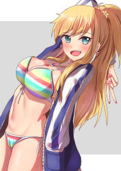 Rule 34 | 1girl, :d, absurdres, bikini, blonde hair, blue eyes, blue jacket, breasts, closed mouth, cowboy shot, hair ornament, highres, idolmaster, idolmaster cinderella girls, jacket, jewelry, large breasts, long hair, multicolored stripes, nail polish, navel, necklace, ohtsuki yui, open clothes, open jacket, open mouth, pink nails, ponytail, rainbow print, shiny skin, smile, solo, striped bikini, striped clothes, swimsuit, syugoumiso, v, white jacket