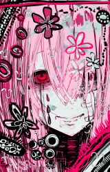 Rule 34 | 1girl, floral print, hair over one eye, highres, itoshiki eru, looking at viewer, pink hair, red eyes, sketch