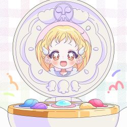 Rule 34 | 1girl, :d, blonde hair, blush, brown eyes, commentary, compact (cosmetics), hand mirror, highres, long hair, looking at viewer, makihatayama hana, mirror, ojamajo doremi, open mouth, portrait, reflection, smile, solo, symbol-only commentary, twintails, white background, wing hair ornament, yalmyu