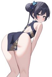 Rule 34 | 1girl, absurdres, ass, bare back, bare shoulders, bent over, black hair, blue archive, blush, china dress, chinese clothes, closed mouth, double bun, dress, from behind, grey eyes, hair bun, highres, kisaki (blue archive), looking back, short dress, simple background, solo, thighs, tsubaki 0317, twintails, white background
