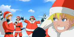 Rule 34 | 4boys, belt, black hair, bleach, blonde hair, blue eyes, blue sky, christmas, closed eyes, cloud, crossover, day, dragon ball, dragonball z, facial mark, field, fur-trimmed headwear, fur trim, grin, hat, kurosaki ichigo, looking at another, male focus, monkey d. luffy, multiple boys, naruto (series), official style, one piece, orange hair, outdoors, outstretched arms, pants, pants tucked in, red hat, santa costume, santa hat, shounen jump, sky, smile, snow, son goku, spiked hair, standing, uzumaki naruto, v-shaped eyebrows, whisker markings
