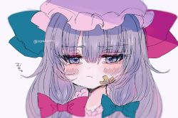 Rule 34 | 1girl, :&lt;, :t, bandaid, bandaid on face, blue bow, blue eyes, blue ribbon, blunt bangs, blush, bow, closed eyes, closed mouth, commentary request, hair bow, half-closed eyes, hat, hat ribbon, highres, long hair, looking down, mob cap, patchouli knowledge, portrait, pout, purple eyes, purple hair, red bow, red ribbon, renakobonb, ribbon, solo, swept bangs, tears, touhou, twitter username