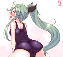 Rule 34 | 1girl, ahoge, alternate costume, artist logo, ass, black ribbon, blue one-piece swimsuit, blush, commentary request, cowboy shot, dated, embarrassed, from behind, gradient background, green eyes, green hair, hair between eyes, hair ornament, hair ribbon, hairclip, highres, kanon (kurogane knights), kantai collection, long hair, one-piece swimsuit, parted bangs, pink background, ponytail, ribbon, school swimsuit, sexually suggestive, sidelocks, simple background, solo, swimsuit, tearing up, trembling, very long hair, wavy mouth, white background, yamakaze (kancolle)