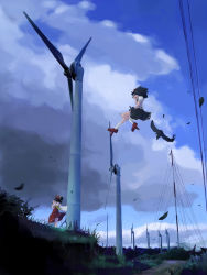 Rule 34 | 2girls, camera, female focus, flying, geta, hakurei reimu, leaf, multiple girls, shameimaru aya, takanashi akihito, tengu-geta, touhou, wind, wind turbine, windmill
