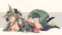 Rule 34 | 1girl, animal ear fluff, animal ears, beige background, black ribbon, black thighhighs, breasts, cleavage, commentary request, detached sleeves, green eyes, green hair, grey background, hair between eyes, hair ribbon, highres, kuromiya, kuromiya raika, large breasts, long hair, looking at viewer, lying, multicolored hair, on stomach, open mouth, original, ribbon, smile, solo, tail, thighhighs, two-tone background, two-tone hair, yellow background