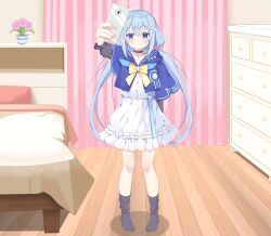 Rule 34 | 1girl, absurdres, amami ami, arms behind back, bed, bed sheet, blue eyes, blue hair, blush, cellphone, commission, curtains, dress, eyebrows, eyelashes, floor, hair ornament, highres, jacket, kiniro tofu, kinirotofu, knees, phone, pillow, plant, prism project, rainbow, ribbon, selfie, shadow, shirt, skirt, smartphone, smile, socks, thighs, twintails, virtual youtuber