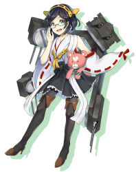Rule 34 | 10s, 1girl, :d, adjusting eyewear, aoki hagane no arpeggio, bare shoulders, black hair, black pantyhose, black skirt, blue-framed eyewear, blue eyes, boots, carrying, carrying under arm, crossover, detached sleeves, frilled skirt, frills, full body, gi (melmail), glasses, hand on eyewear, headgear, high heel boots, high heels, highres, japanese clothes, kantai collection, kirishima (aoki hagane no arpeggio), kirishima (kancolle), looking at viewer, name connection, nontraditional miko, open mouth, pantyhose, pleated skirt, ribbon-trimmed sleeves, ribbon trim, short hair, skirt, smile, solo, stuffed animal, stuffed toy, teddy bear, thigh boots, thighhighs, white background, wide sleeves, yotarou (aoki hagane no arpeggio)