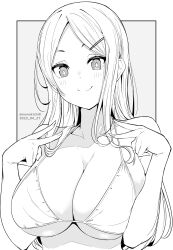 Rule 34 | 1girl, bikini, bikini top only, blush, breasts, closed mouth, collarbone, commentary request, dated, grey background, hair ornament, hairclip, highres, kichihachi, large breasts, long hair, looking at viewer, monochrome, original, smile, solo, swimsuit, twitter username, two-tone background, upper body, white background